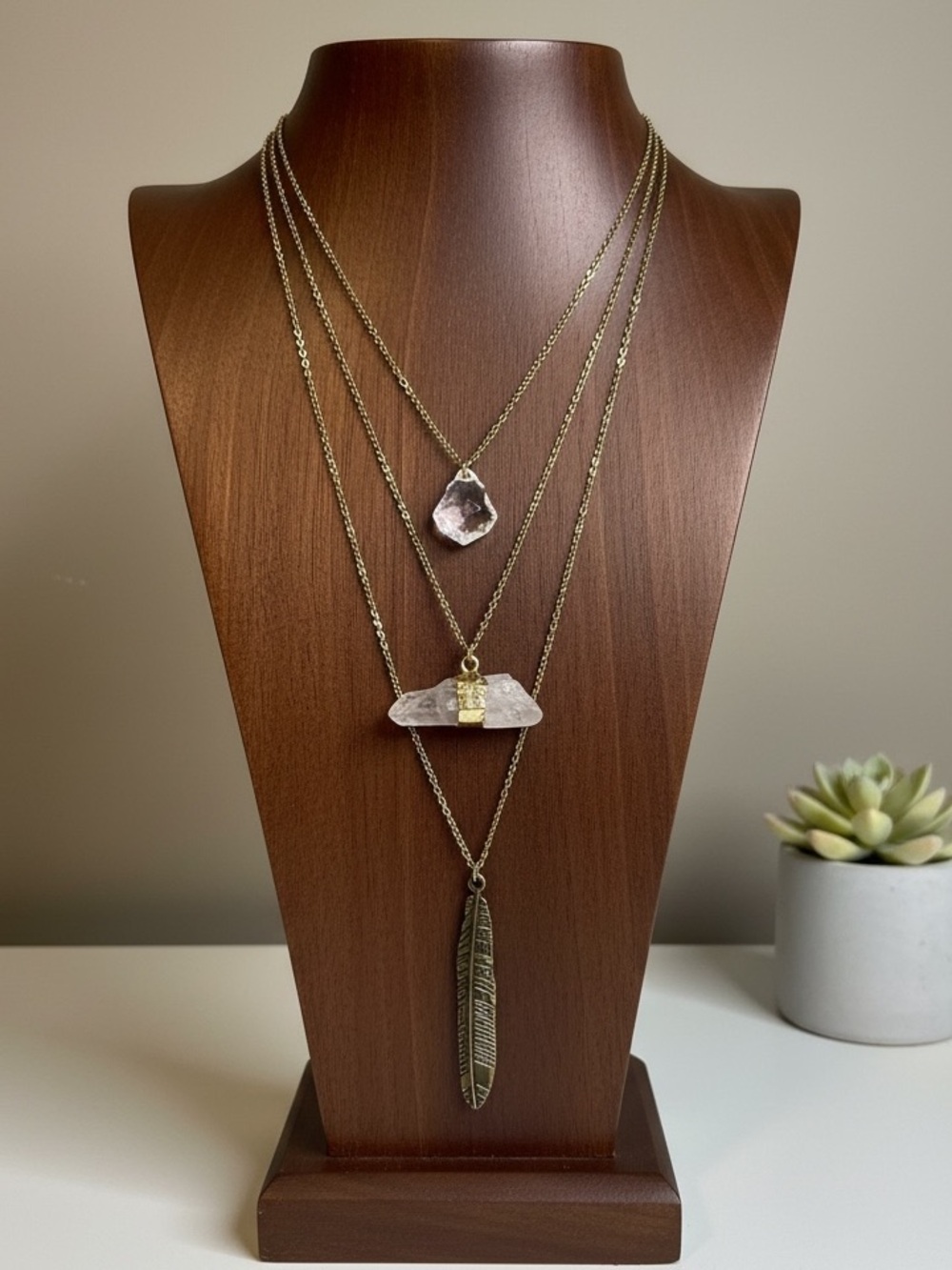 Layered Gold Crystal Pendant Necklace Set - Clear